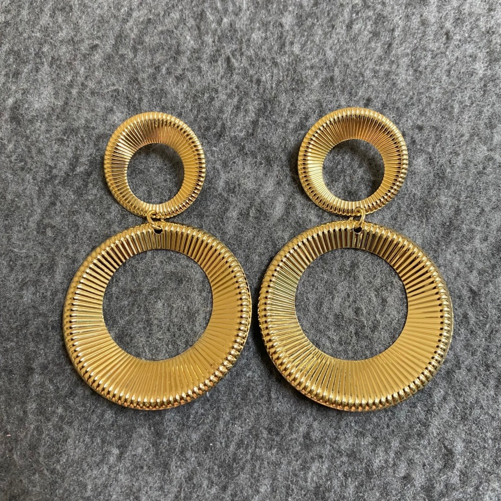 New Gold Tone Ribbed Double Open Circle Drop Statement Earrings Post Back 3 Inch